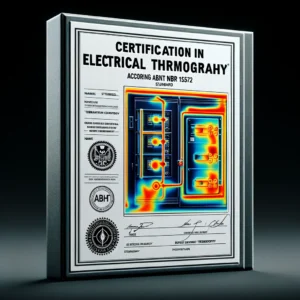 Imagem de um certificado de formação em termografia elétrica, inclinado a 35 graus. O certificado apresenta um layout profissional com o título 'Certificação em Termografia Elétrica' no topo, seguido pela menção da norma 'ABNT NBR 15572.' No centro, há uma imagem termográfica clara de um quadro elétrico, exibindo padrões de calor em diferentes núcleos. O lado esquerdo inclui detalhes incluídos para nome, identificação e categoria de formação, além de emblemas e selos que representam a certificação A parte inferior do. o certificado apresenta espaços para assinaturas e informações adicionais, tudo em um formato que destaca a particularidade e a conformidade com padrões técnicos.