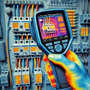 Imagem de uma inspeção termográfica em um quadro elétrico. A mão de um técnico segura um termovisor que exibe uma imagem térmica dos componentes elétricos na tela. Uma imagem mostra variações de temperatura, destacadas em diferentes núcleos, detectando possíveis anomalias térmicas em circuitos e conexões . A cena enfatiza o uso da termografia elétrica para identificar áreas problemáticas em sistemas elétricos durante a manutenção preditiva.