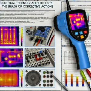 Laudo de termografia elétrica exibindo uma série de imagens térmicas de diferentes componentes elétricos. Ao lado, uma câmera termográfica com sua tela mostrando variações de temperatura. O laudo inclui gráficos e análises que detalham as áreas operadas, destacando pontos de calor e possíveis falhas no sistema. A imagem representa a aplicação da termografia na manutenção preditiva e a elaboração de relatórios para ações corretivas.