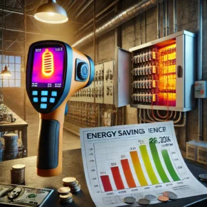 Uma imagem hiper-realista mostrando o uso da termografia elétrica para a eficiência energética em um ambiente industrial. Na cena, um termovisor exibe um painel elétrico com padrões de calor visíveis na tela, diminuindo áreas de perda ou eficiência energética. Ao lado, um gráfico de barras ilustra a economia de energia antes e depois da aplicação da termografia, destacando os benefícios da técnica. Elementos financeiros, como moedas e notas de dólar, estão presentes, enfatizando o impacto da termografia na redução de custos operacionais.