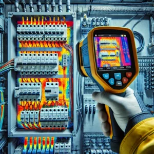 Técnico realizando uma inspeção termográfica em um quadro elétrico utilizando uma câmera termográfica. A tela da câmera mostra uma imagem térmica do quadro, destacando áreas com variações de temperatura em diferentes núcleos, indicando possíveis pontos de superaquecimento ou falhas. Uma imagem ilustra o uso prático da termografia elétrica na detecção de problemas em sistemas de distribuição de energia, reforçando a importância da manutenção preditiva para evitar falhas e acidentes.