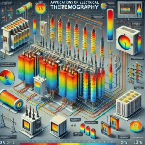 Ilustração detalhada das aplicações da termografia elétrica em transformadores e equipamentos de alta tensão. A imagem mostra diferentes componentes elétricos com representações de variações de temperatura usando uma escala de núcleos, destacando áreas de aquecimento e fluxo de energia. Há também gráficos, indicadores e painéis que exemplifica a análise termográfica de sistemas elétricos, evidenciando a importância do monitoramento térmico para identificar possíveis falhas e manter a eficiência operacional.